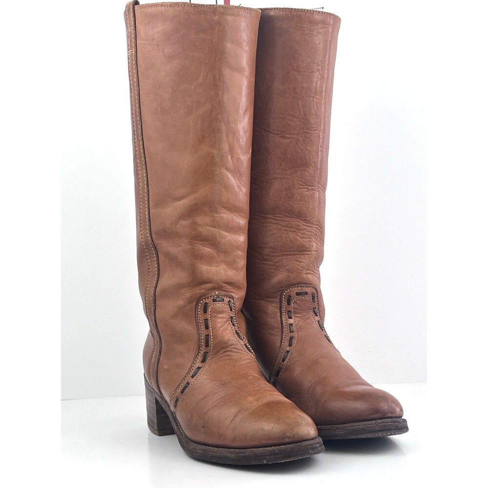VTG Acme Campus Boots Womens 10 M Tan Cognac Leather Tall Boots Western USA